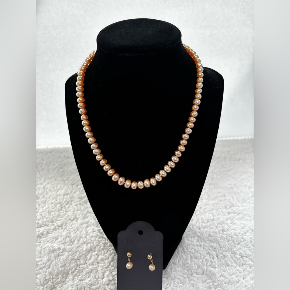 Peachy Pink Pearl Necklace with Matching Earrings